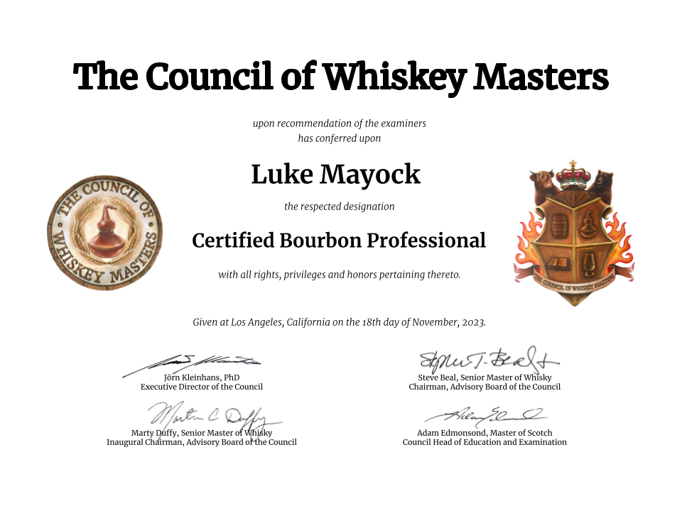 Luke Mayock Certified Bourbon Professional Diploma